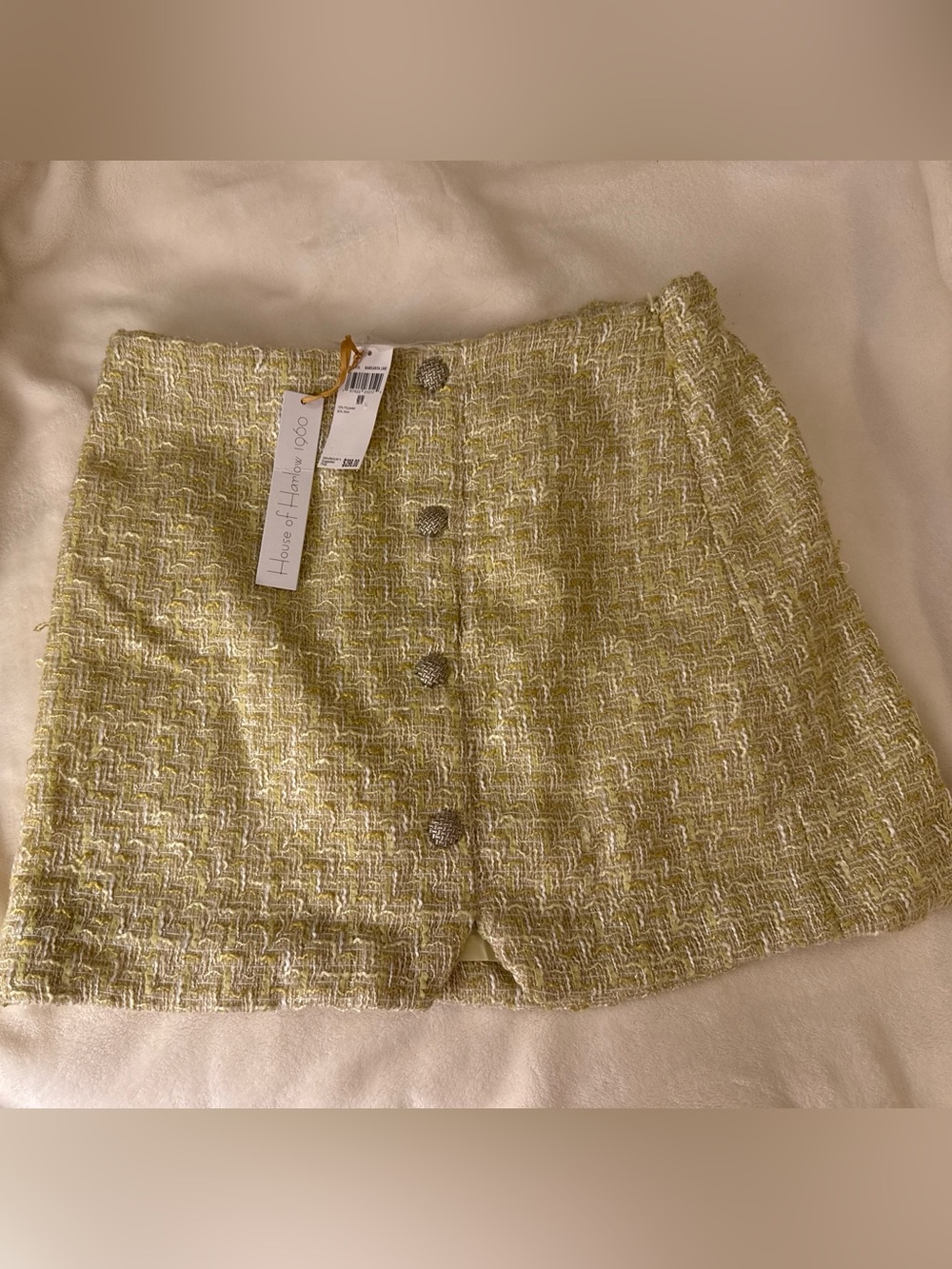 House of Harlow 1960 Gold Margarita Lime Yellow Tweed Chanel-Style Mini Skirt M
